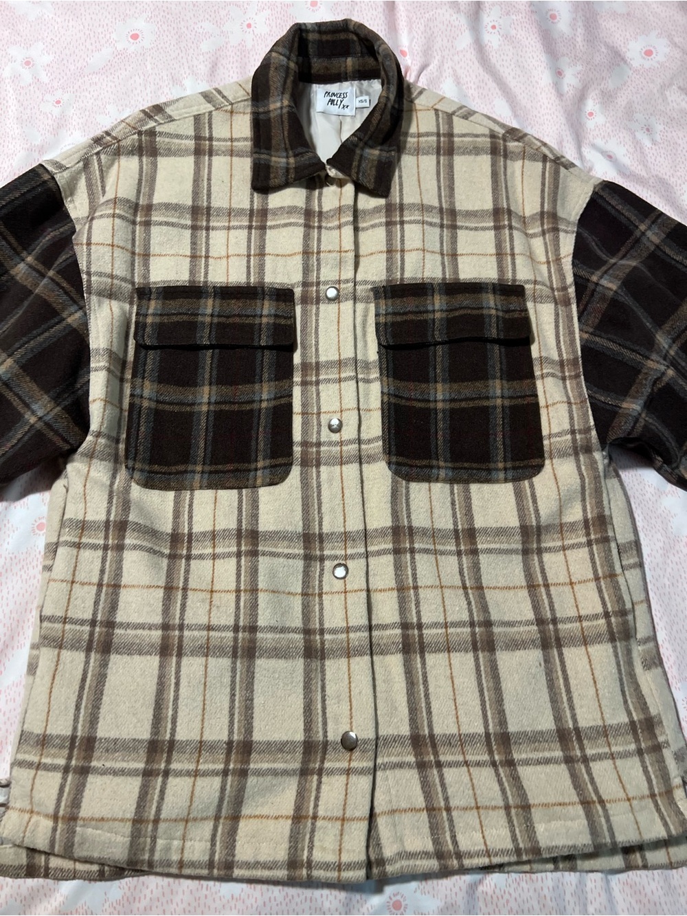 Princess Polly Cream & Brown Plaid Flannel Lightweight Shirt Jacket Snap XS/S